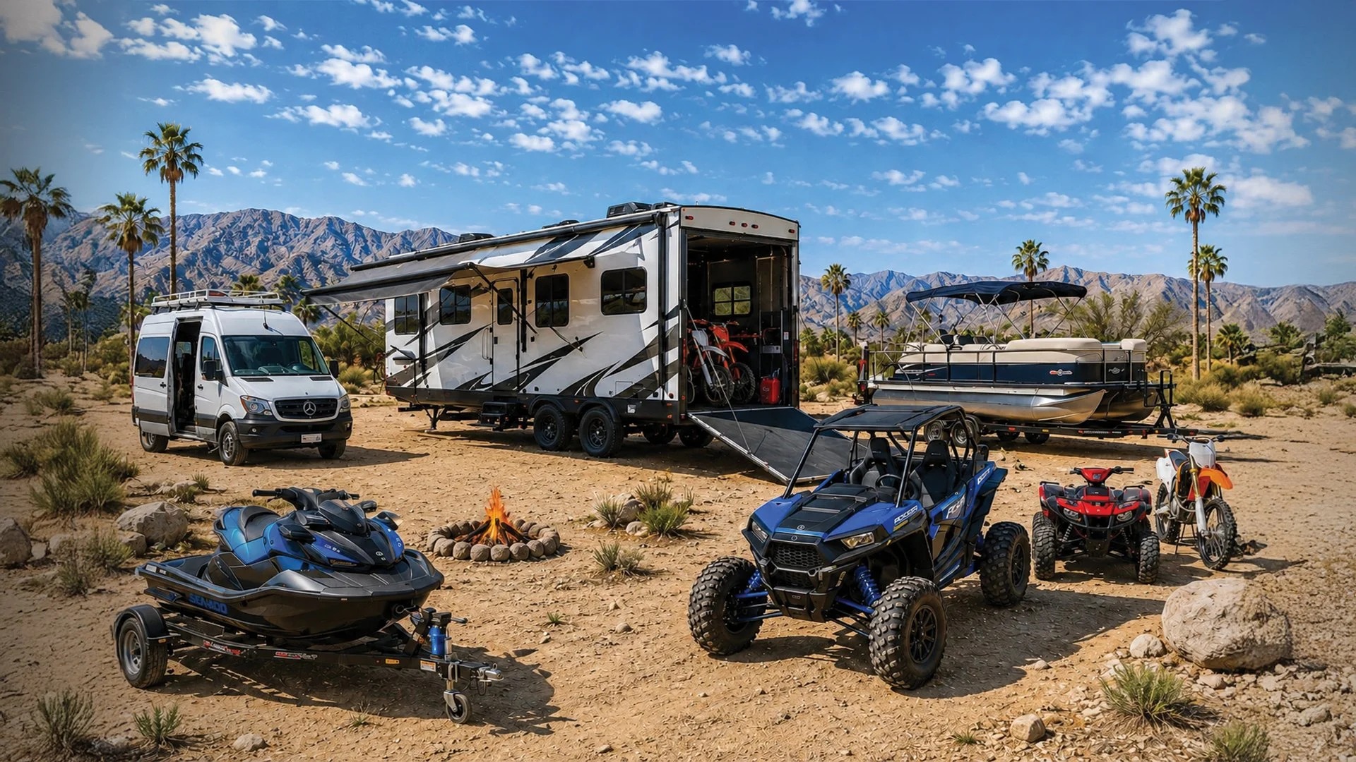 Side-by-side UTV and travel trailer at sunset